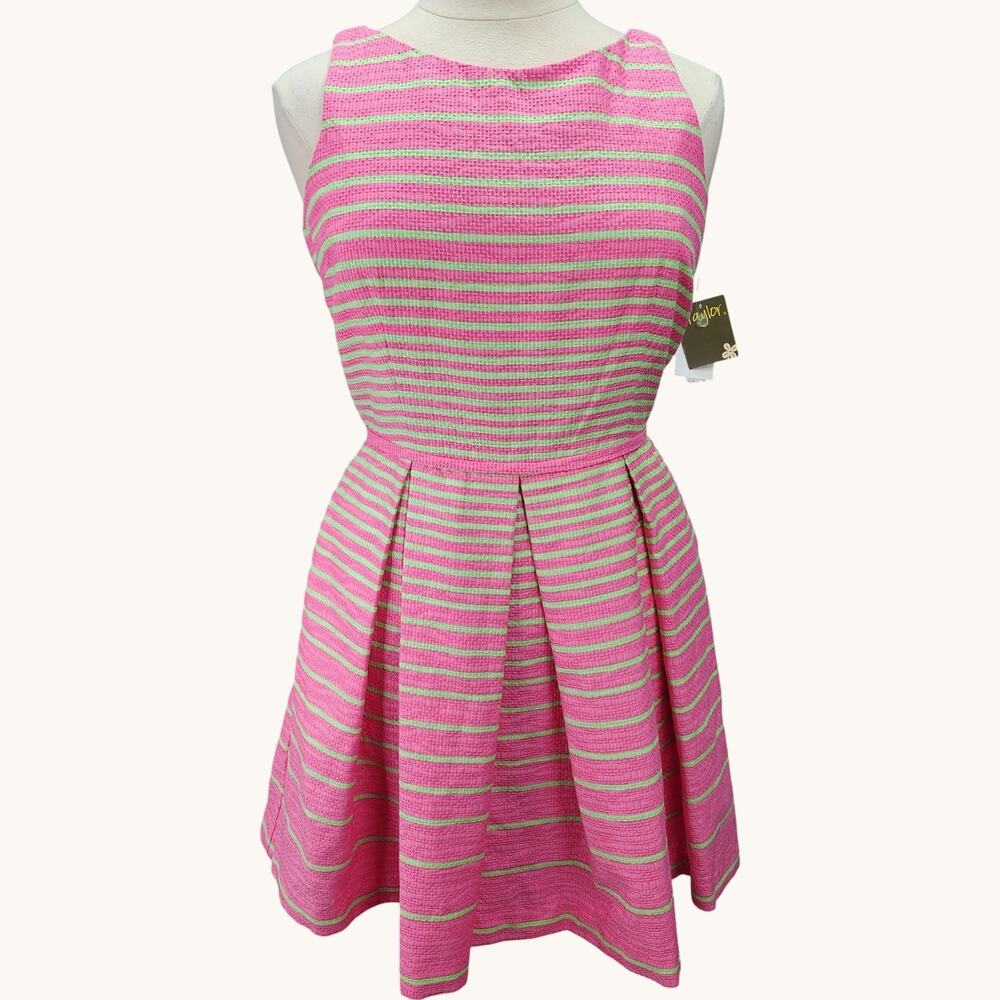 NWT Taylor Womens 14 Fit Flare Dress Pink Green Stripe Pleated Pocket Sleeveless - Picture 2 of 16